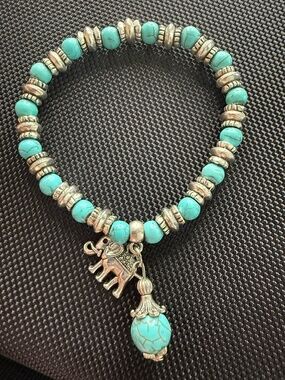 Turquoise Beaded Stretch Bracelet Elephant Charm Boho Silver Tone